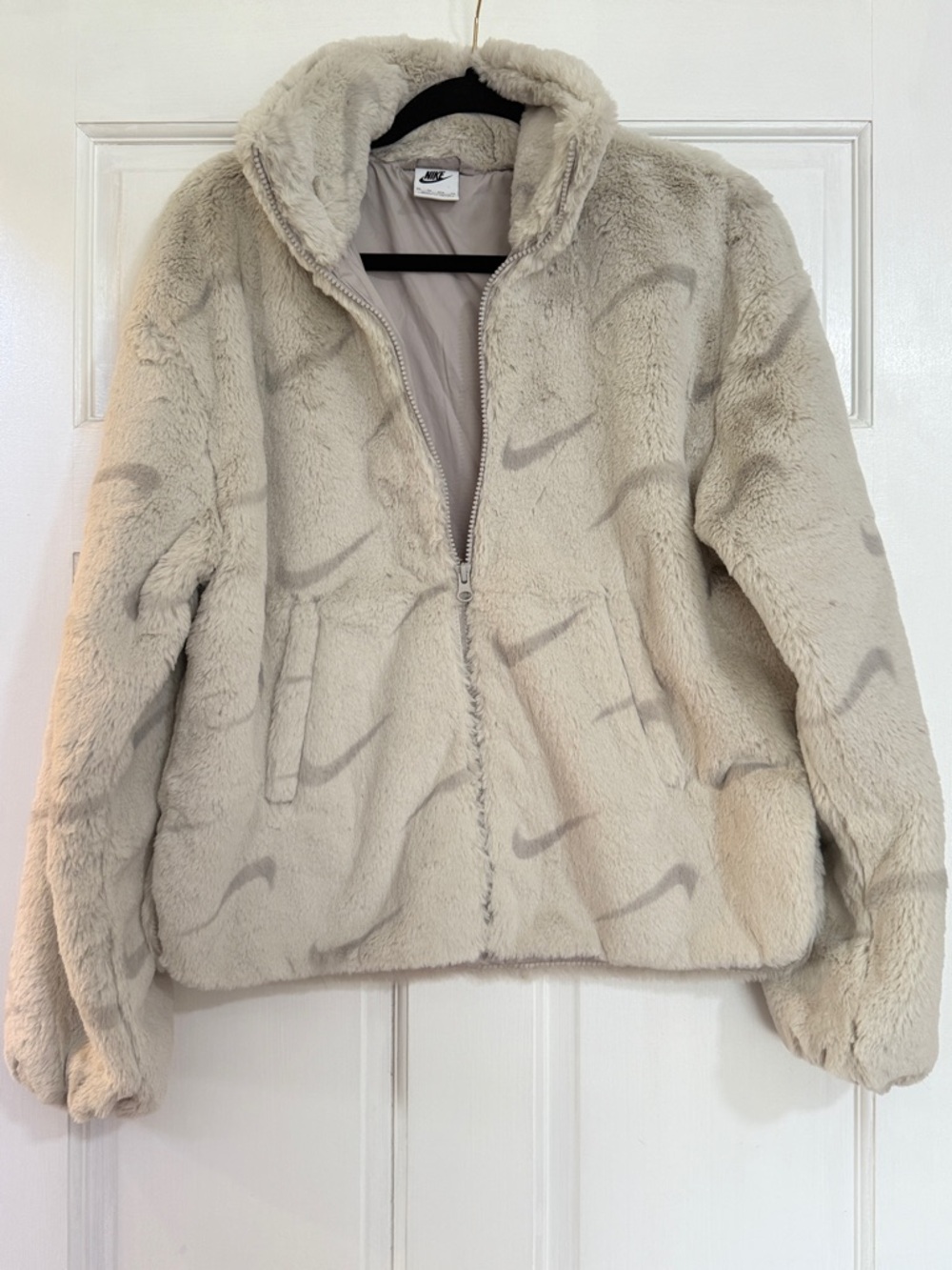 Nike Cream Faux Fur Zip Jacket with Subtle Swoosh Print